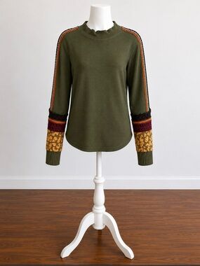 Free People Olive Knit Sweater with Patterned Contrast Sleeves size M